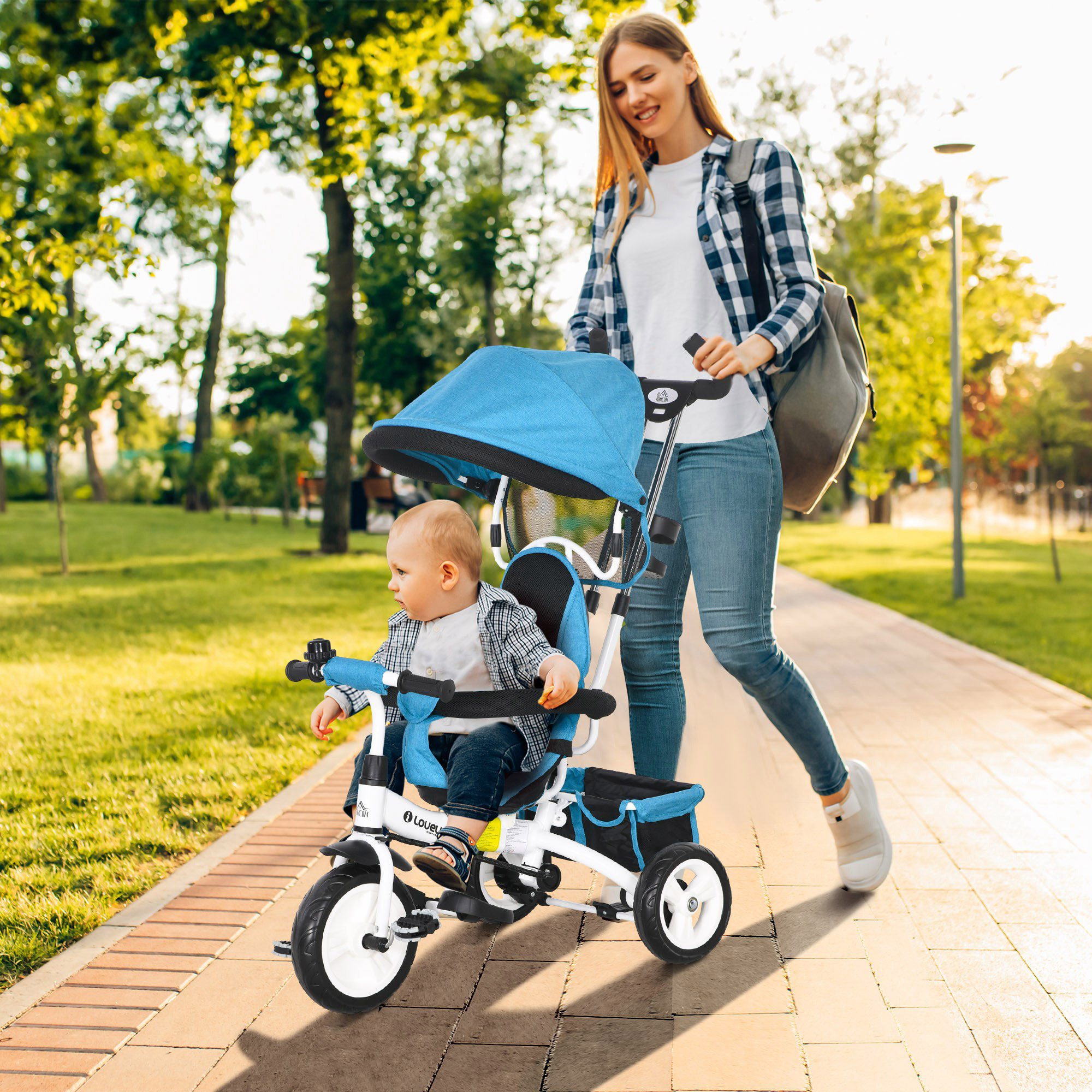 Triciclo para Bebés Triciclo Evolutivo para Niños con Toldo Plegable Mango de Empuje Telescópico y Desmontable Cinturón de Seguridad y Cesto 95x50x106 cm Azul