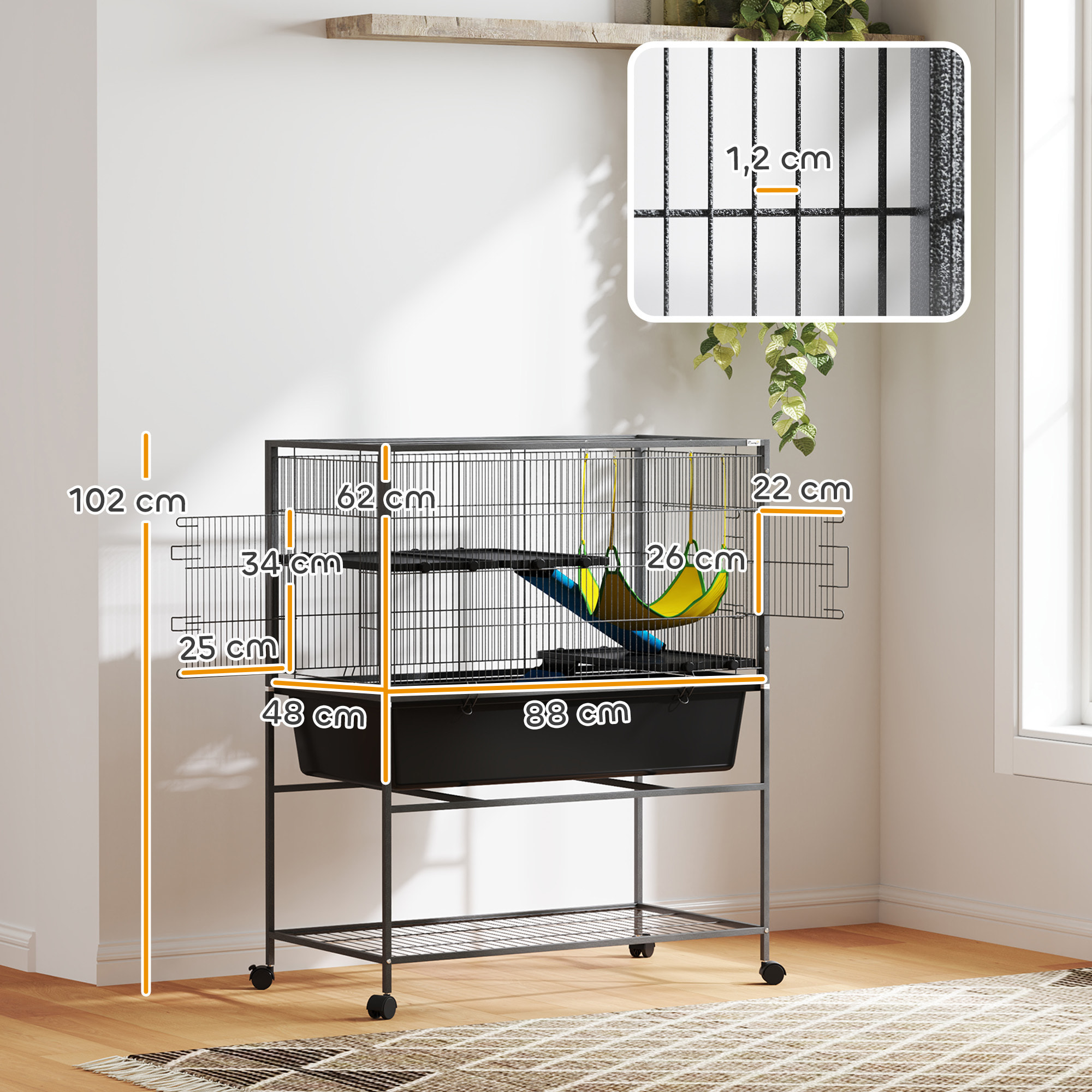 Jaula para Hurones de 3 Niveles Jaula para Conejos con Ruedas Rampas Hamaca y Bandeja Extraíble Recinto para Roedores Chinchillas 88x48x102 cm Gris Oscuro