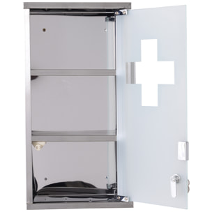 Armoire à pharmacie 2 étagères 3 niveaux verrouillable porte verre trempé dépoli logo croix 25L x 12l x 48H cm acier inox