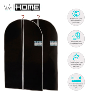 Well home juego de 2 cubrevestidos de tnt 45g, tamaño 60x150cm, negro con cremallera y ventana pe