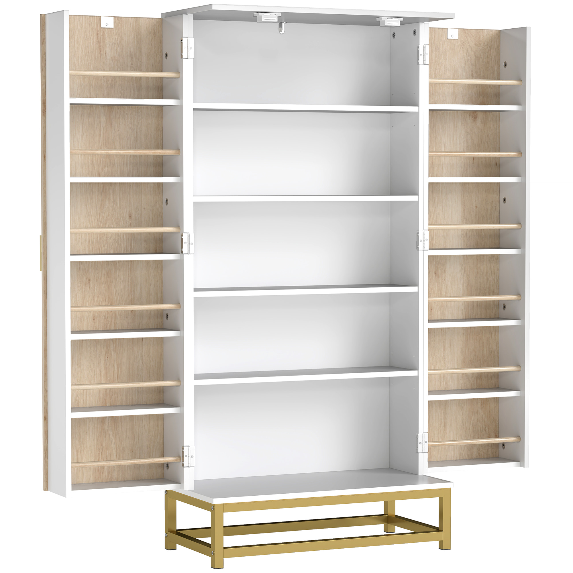 Armoire de cuisine design 2 portes effet claustra bois - 12 étagères de porte + 4 étagères internes - acier doré blanc