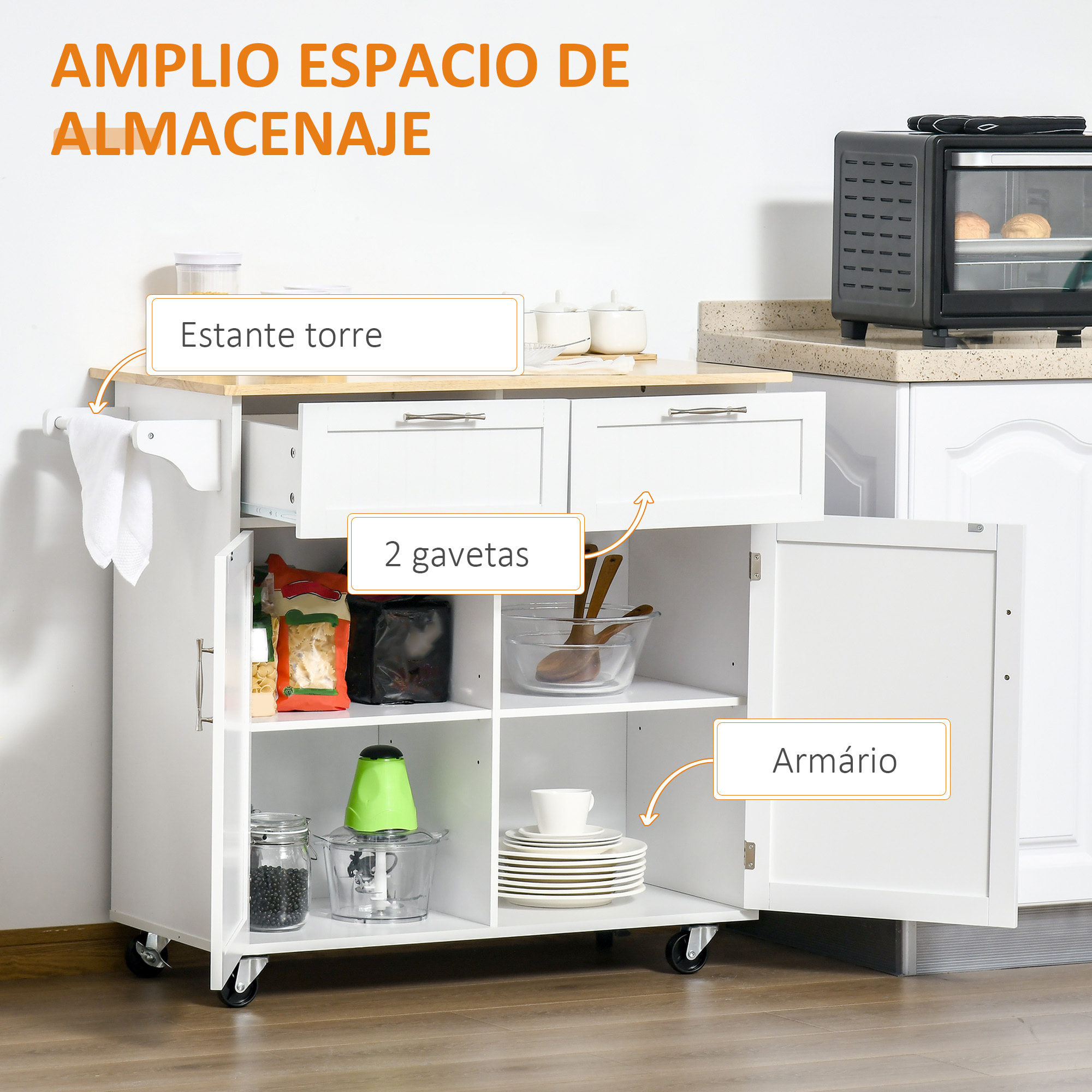 Carro de Cocina con Ruedas Mueble Auxiliar de Cocina con 2 Cajones 2 Puertas Estante Ajustable y Toallero para Comedor Salón 104x46x91 cm Blanco