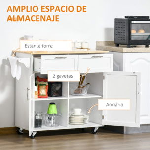 Carro de Cocina con Ruedas Mueble Auxiliar de Cocina con 2 Cajones 2 Puertas Estante Ajustable y Toallero para Comedor Salón 104x46x91 cm Blanco
