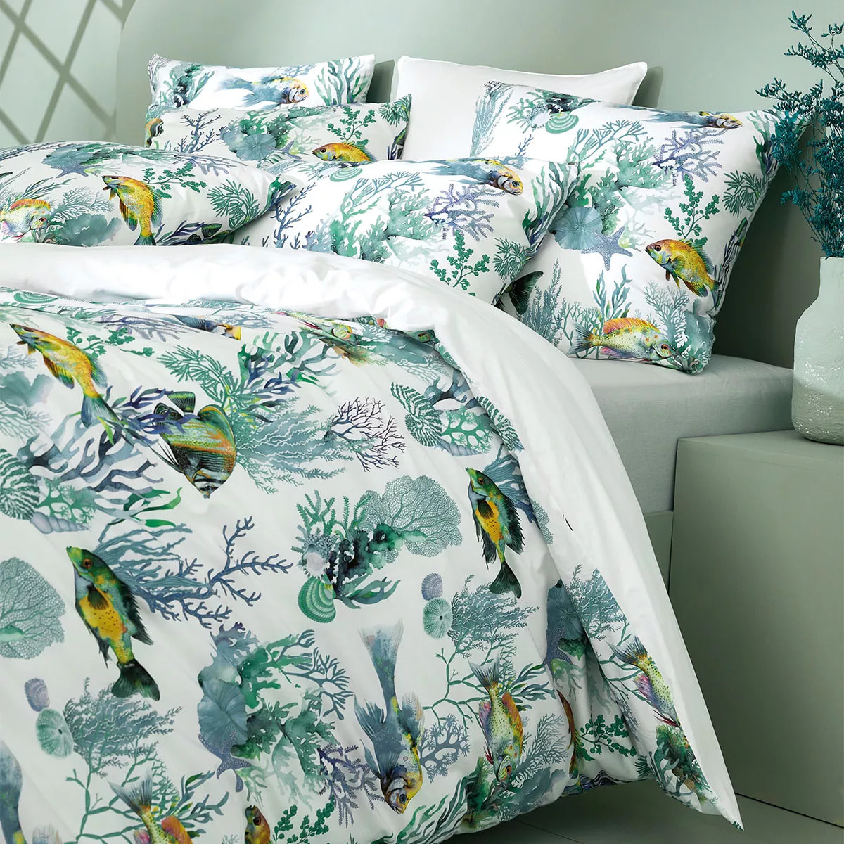 Lot h.couette +taies percale de coton imprimé bleu blanc Naia blanc