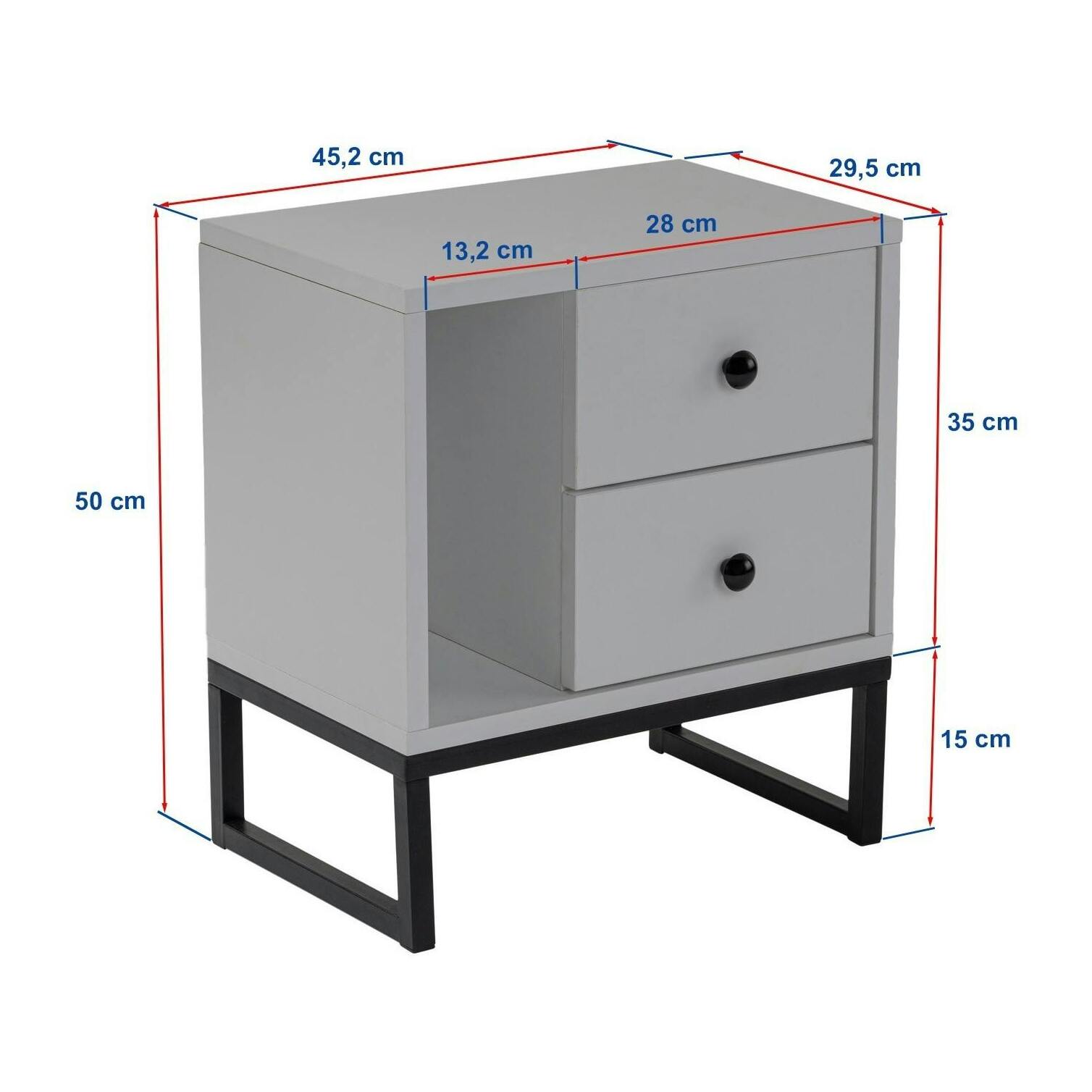 Table de nuit 2 tiroirs, 1 niche - gris effet laque JENA