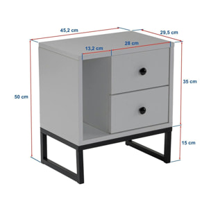 Table de nuit 2 tiroirs, 1 niche - gris effet laque JENA