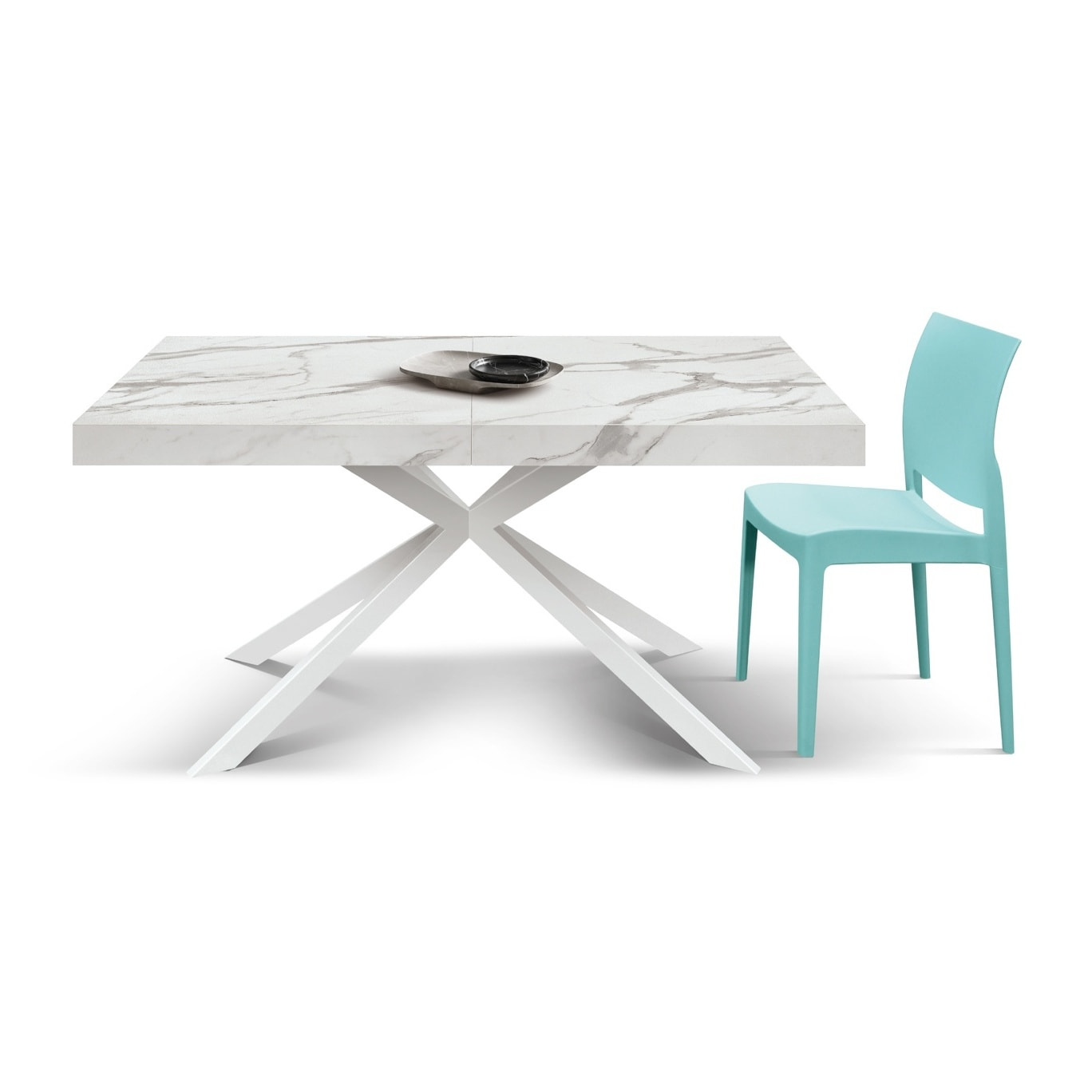 Tavolo CAMAIORE in legno, finitura bianco statuario e gambe a X in metallo bianco, allungabile 140x90 cm - 220x90 cm