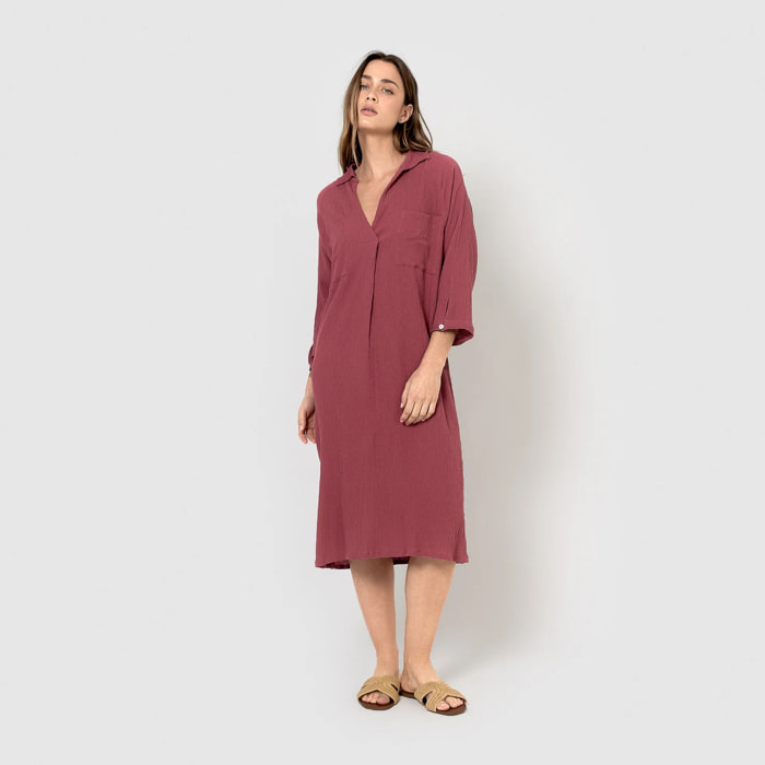 Vestido midi algodón lino malva/rosa
