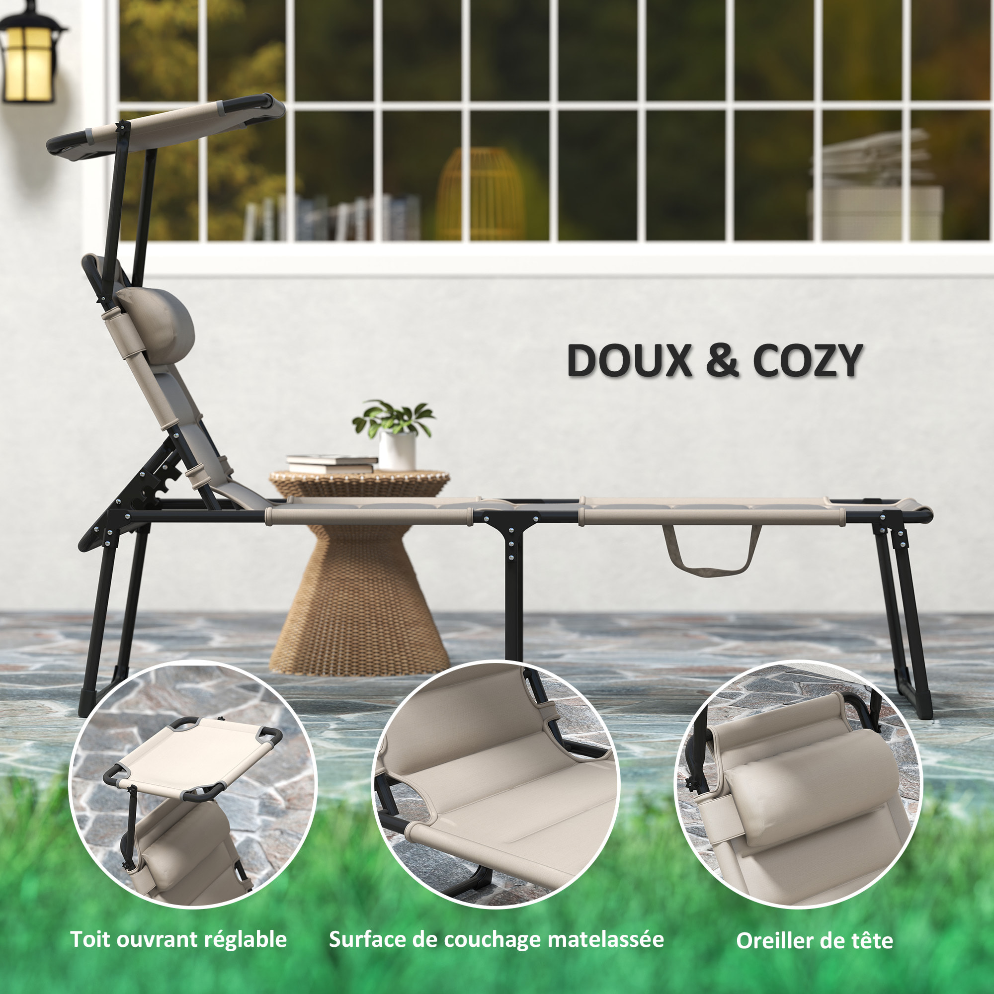 Lot de 2 bains de soleil – Grand confort – Pare-soleil réglable