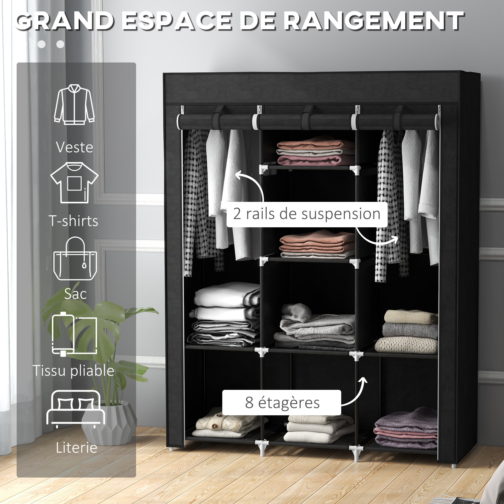 Armoire penderie multi-rangement - 8 étagères, 2 barres - dim. 125L x 43l x 162,5H cm - acier noir non tissé noir