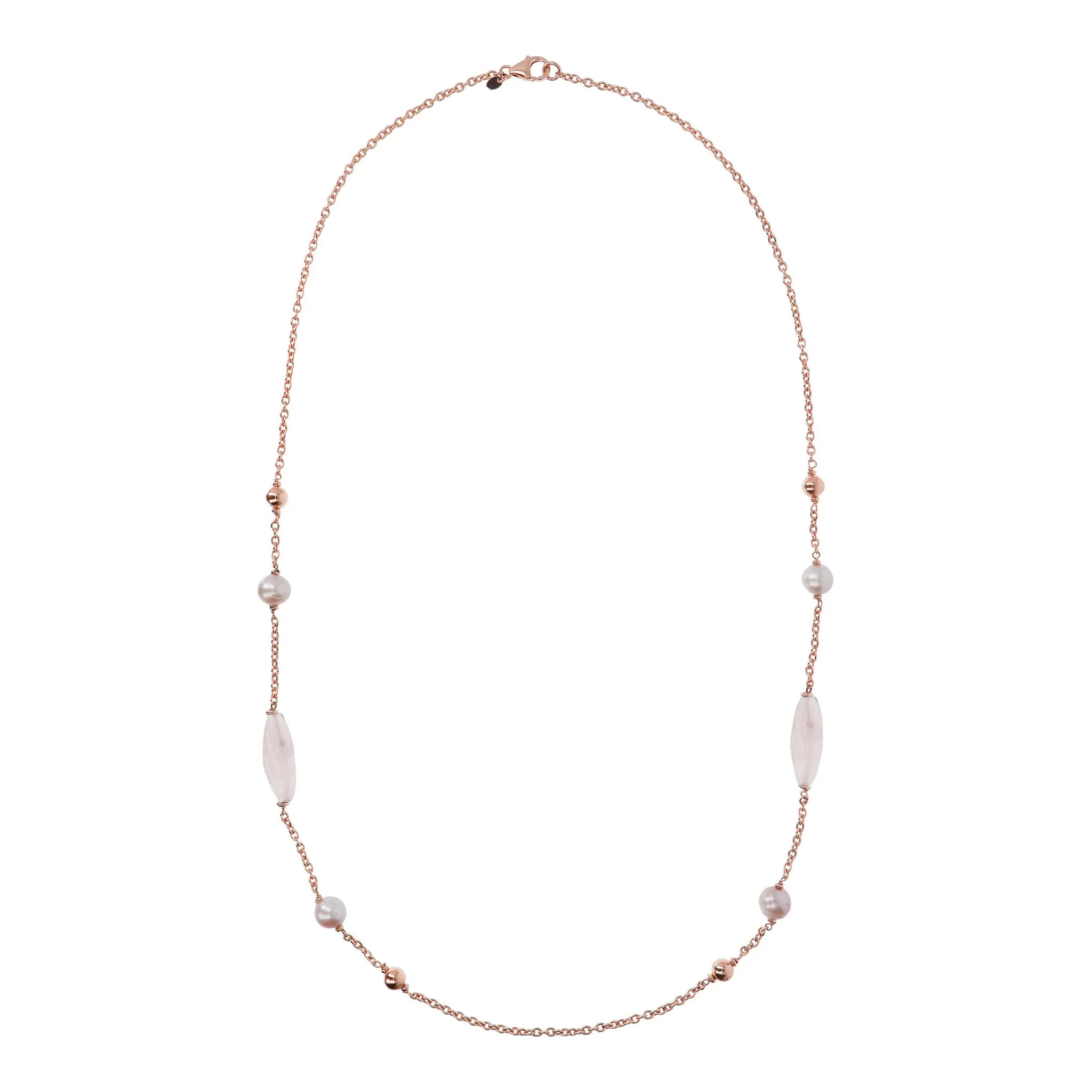Collana Lunga con Bead Lucide, Quarzo Rosa e Perle Ming d'Acqua Dolce Ø 9/10 mm