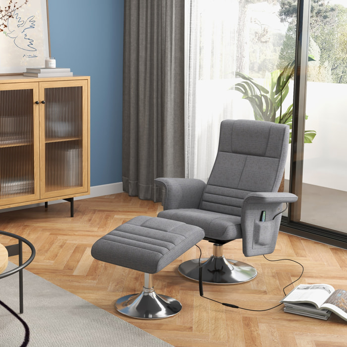 Fauteuil relax massant inclinable réglable avec repose-pied piètement acier chromé tissu gris