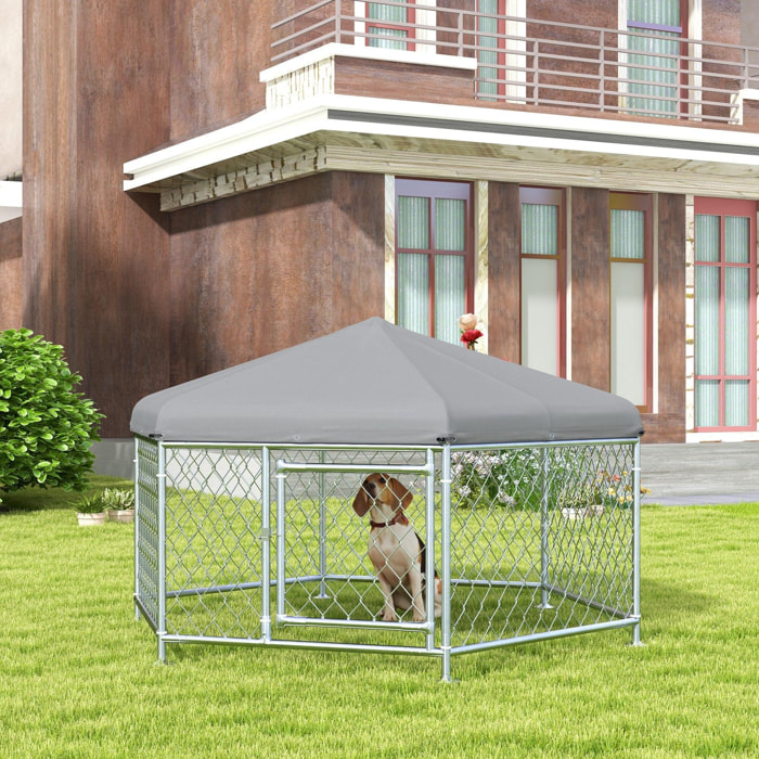 Chenil pour chien entièrement couvert - enclos chien - dim. 210L x 185l x 120H cm - porte verrouillable - acier galvanisé gris
