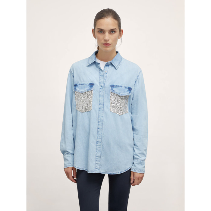 Motivi - Camisa de denim con bolsillos de lentejuelas - Light - blue