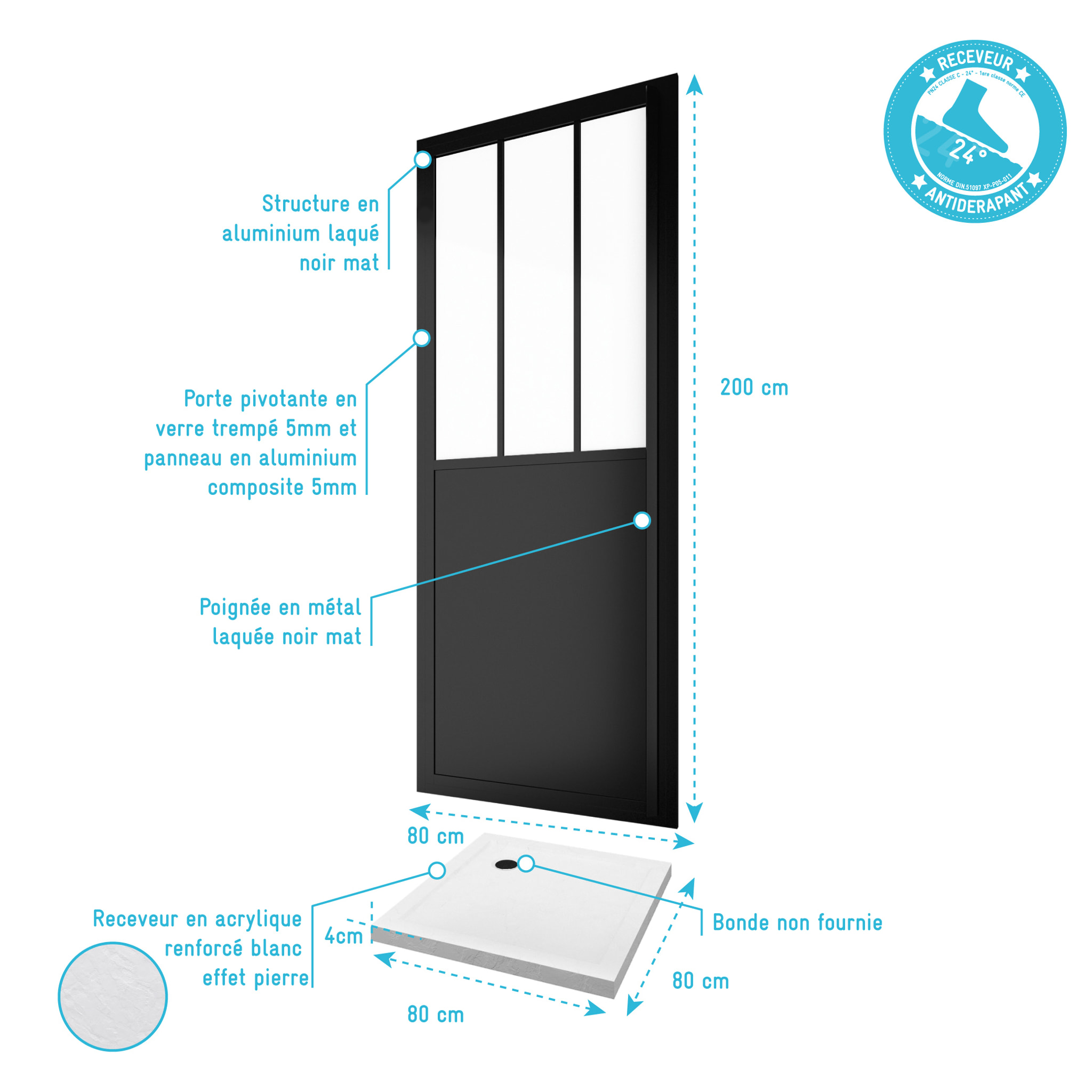 Pack Porte de Douche Atelier Pivotante Noire 80x200 cm et Receveur Blanc Effet Pierre 80x80x4 cm