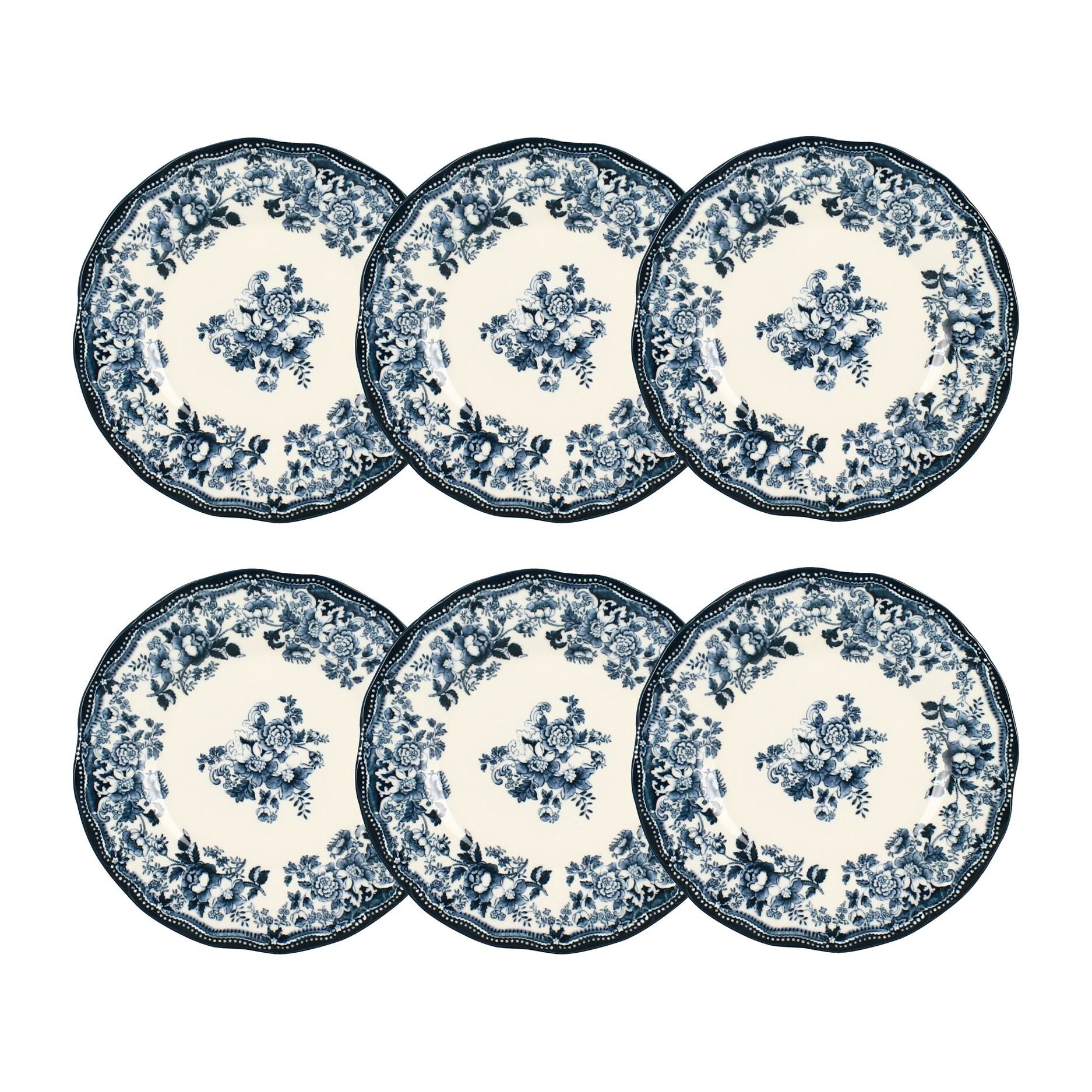 Lot de 6 assiettes à dessert fleuries en porcelaine bleu 20cm FAUSTINE