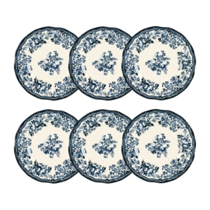Lot de 6 assiettes à dessert fleuries en porcelaine bleu 20cm FAUSTINE