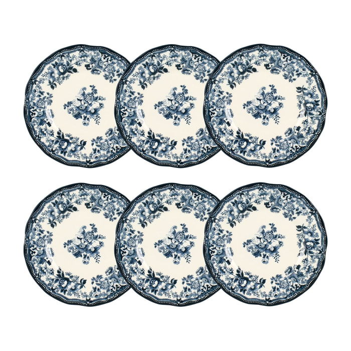 Lot de 6 assiettes à dessert fleuries en porcelaine bleu 20cm FAUSTINE