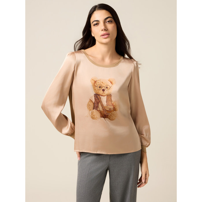 Oltre - T-shirt bimaterica con stampa e applicazioni - Beige