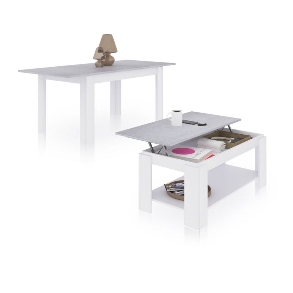 Pack mesa de comedor 140 y mesa de centro Lya Blanco Artik (Blanco Mate) - Gris Cemento