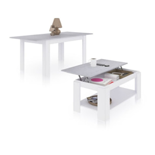 Pack mesa de comedor 140 y mesa de centro Lya Blanco Artik (Blanco Mate) - Gris Cemento