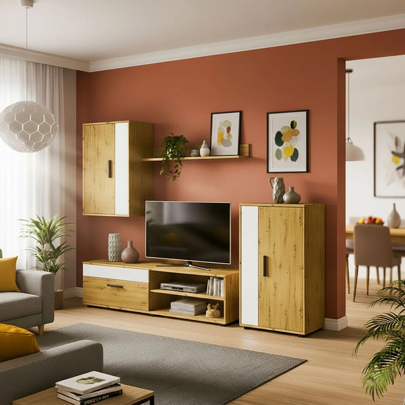 Salón modular con mueble TV en blanco artik y aplino 190 cm Lunet Blanco Artik (Blanco Mate) - Alpine Oak