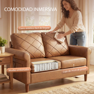 Sofá de 2 Plazas, Sofá Moderno, Tapizado en PU, Cojín Grueso, Respaldo con Costuras, Asiento Amplio, Patas de Madera Maciza para Salón, Dormitorio y Oficina, 134x71x82 cm, Marrón