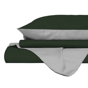 PARURE COPRIPIUMINO NATURAL COLOR, 100% Cotone, Made in Italy - VERDE OLIVA/GRIGIO CHIARO