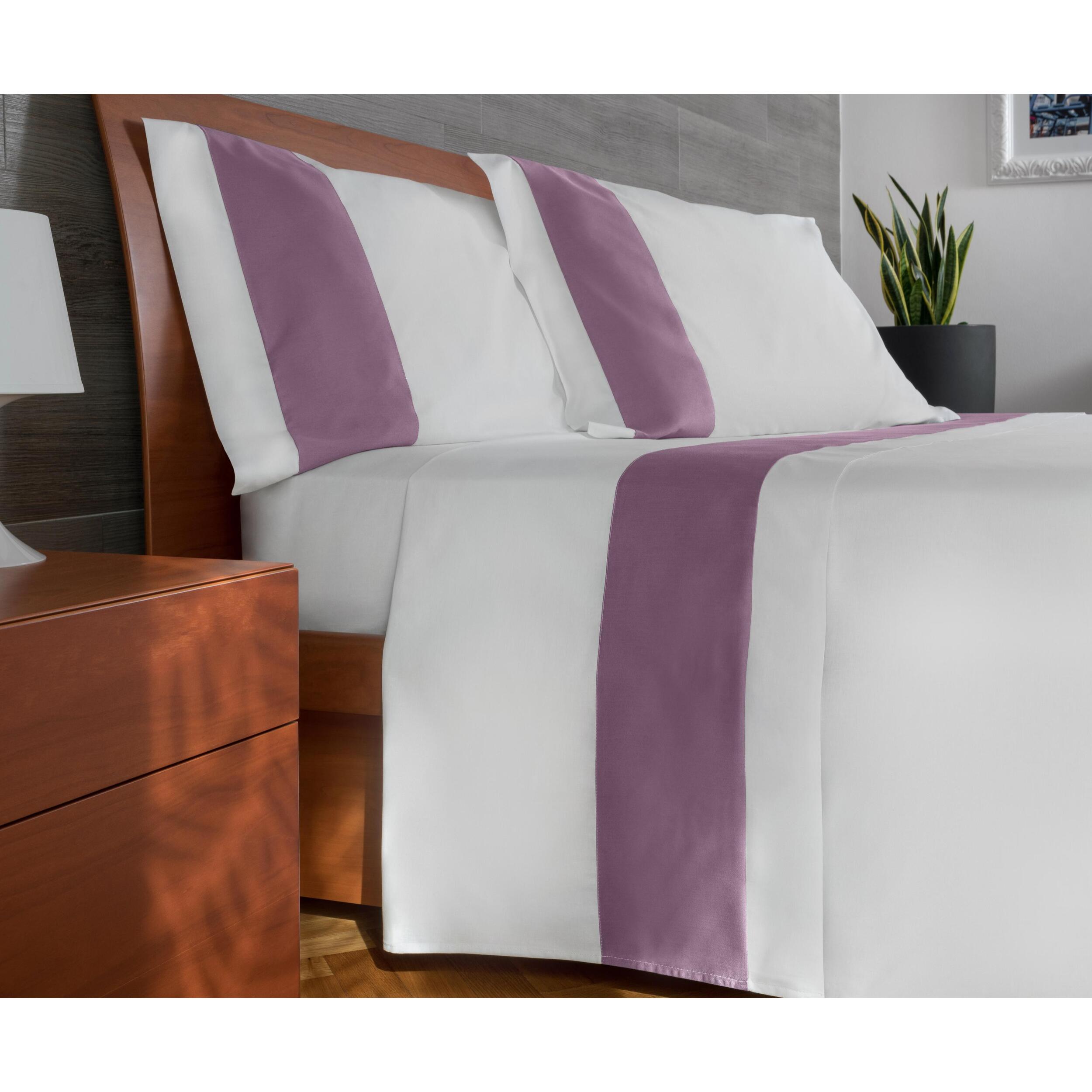 Completo letto bordo RASO IPERSAN Puro Cotone Malva fondo Bianco