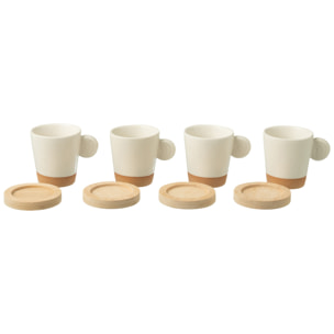 J-Line Boite 4 Tasses A Cafe + Base Bambou Ceramique Blanc/Naturel