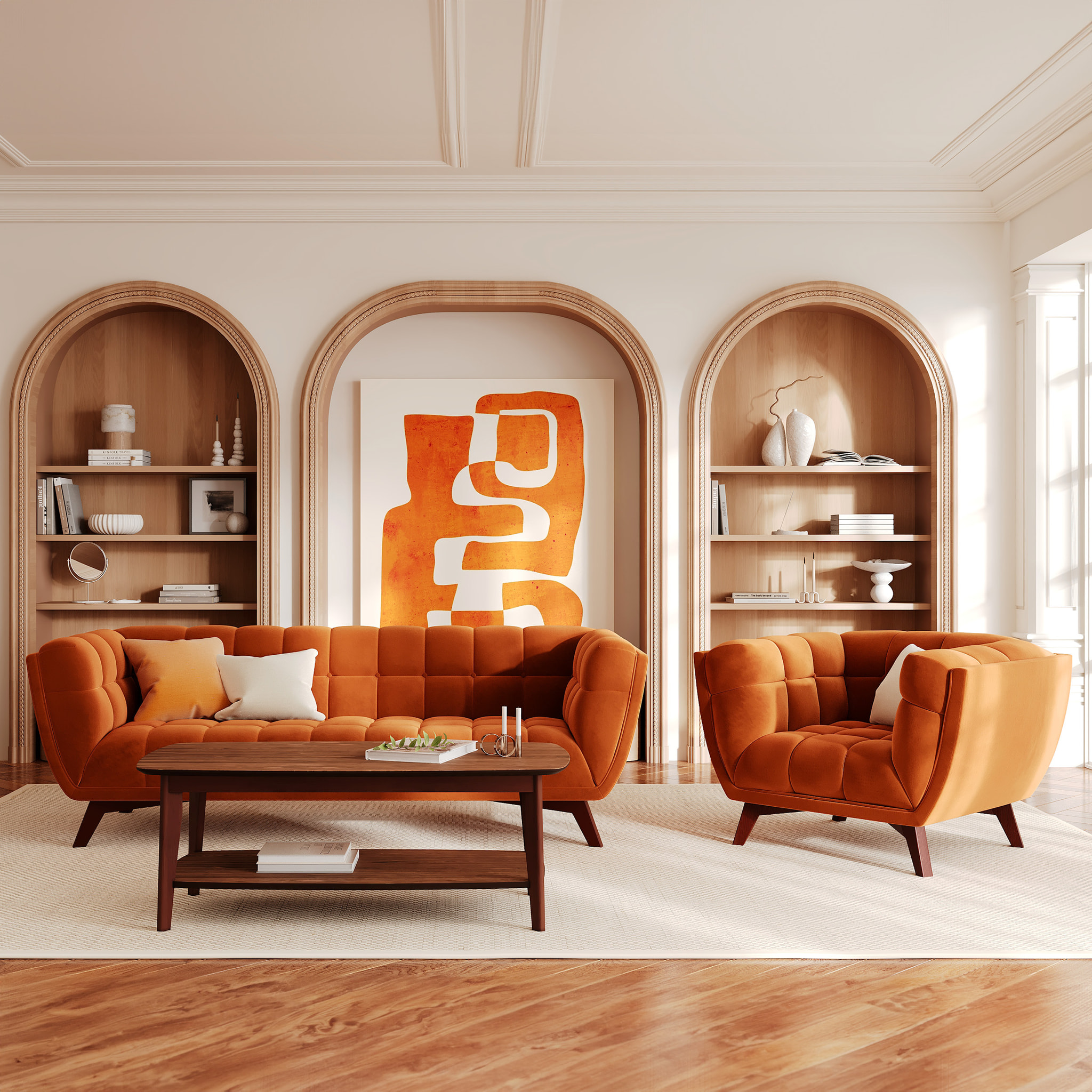 Ensemble canapé et fauteuil en velours orange 4 places - Mona