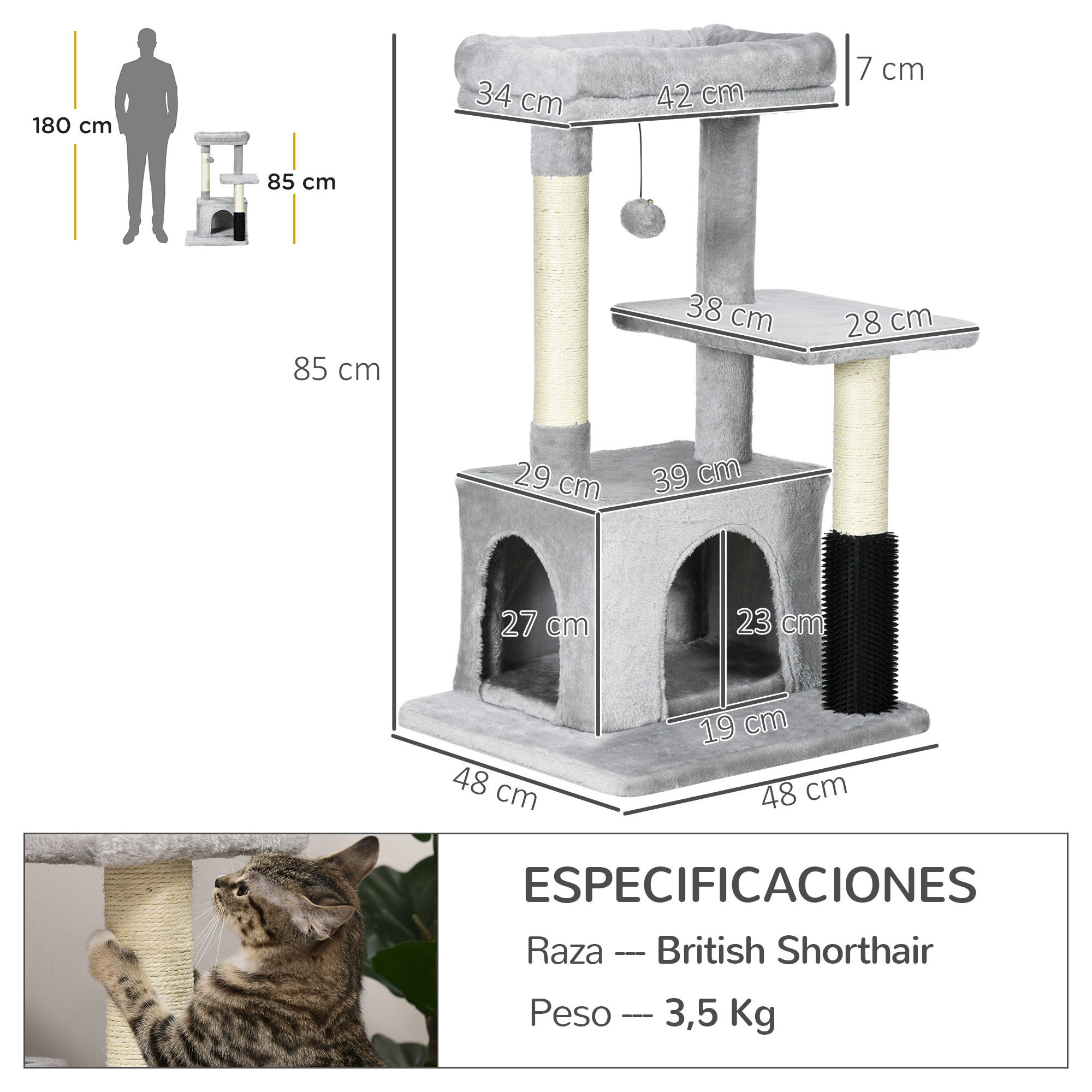 Árbol Rascador para Gatos Medianos Altura 85 cm Árbol para Gatos con Nido Plataforma Bola Colgante Juguete Rascador y Postes de Sisal 48x48x85 cm Gris