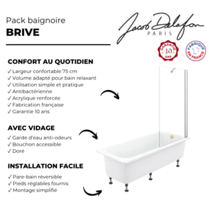 Pack baignoire droite 170 X 75 Brive + pare bain avec vidage doré