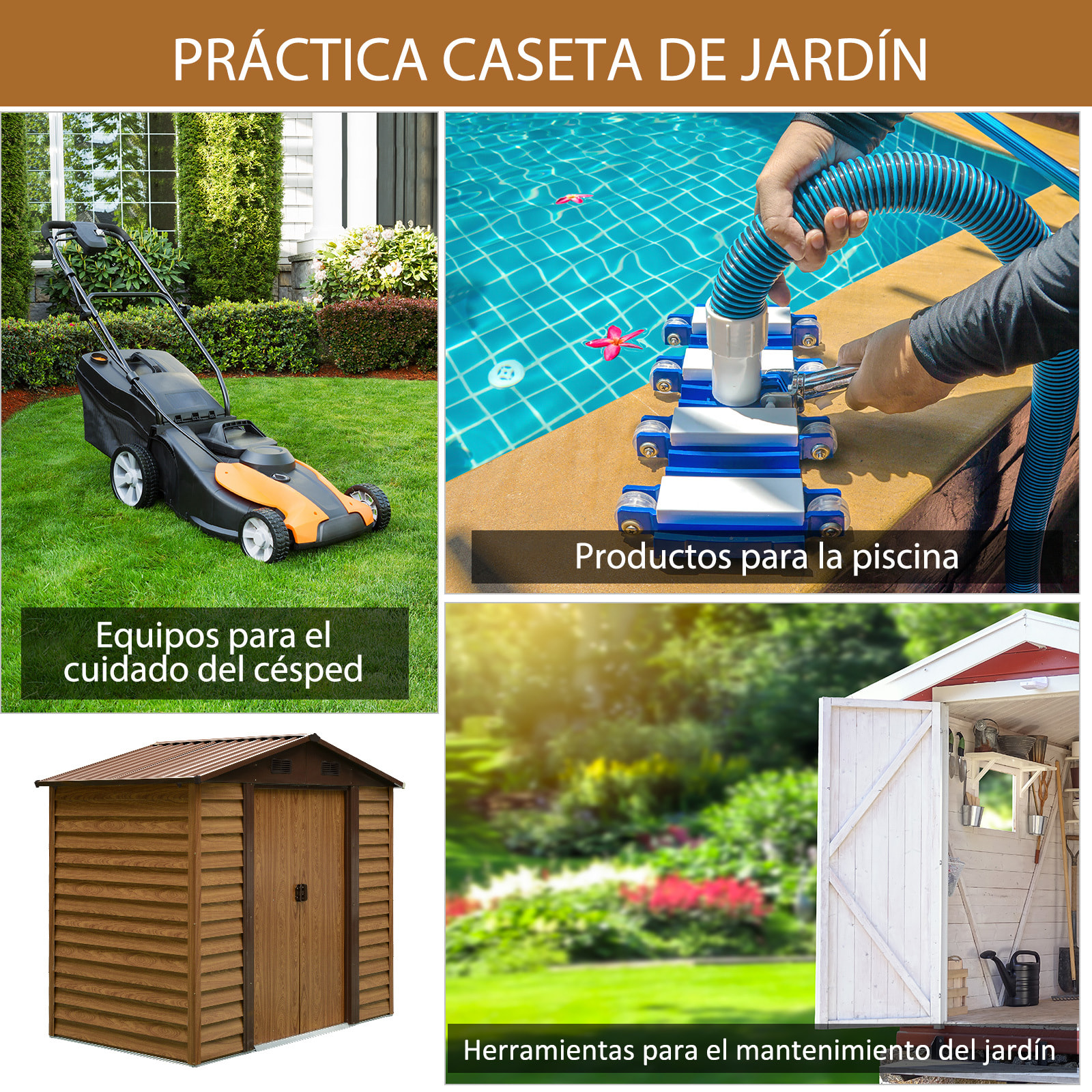 Cobertizo de Jardín Exterior 3 m² 152x235,7x208,7 cm Caseta de Jardín Metálica con 2 Puertas Corredizas y 4 Ventanas para Almacenamiento de Herramientas Natural y Café