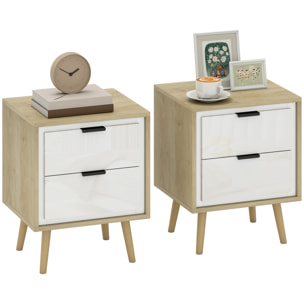 Juego de 2 Mesitas de Noche Modernas, Mesillas de Noche con 2 Cajones con Deslizamiento Silencioso, Patas de Madera, para Dormitorio, Salón, 40x35x50 cm, Blanco Brillo y Roble