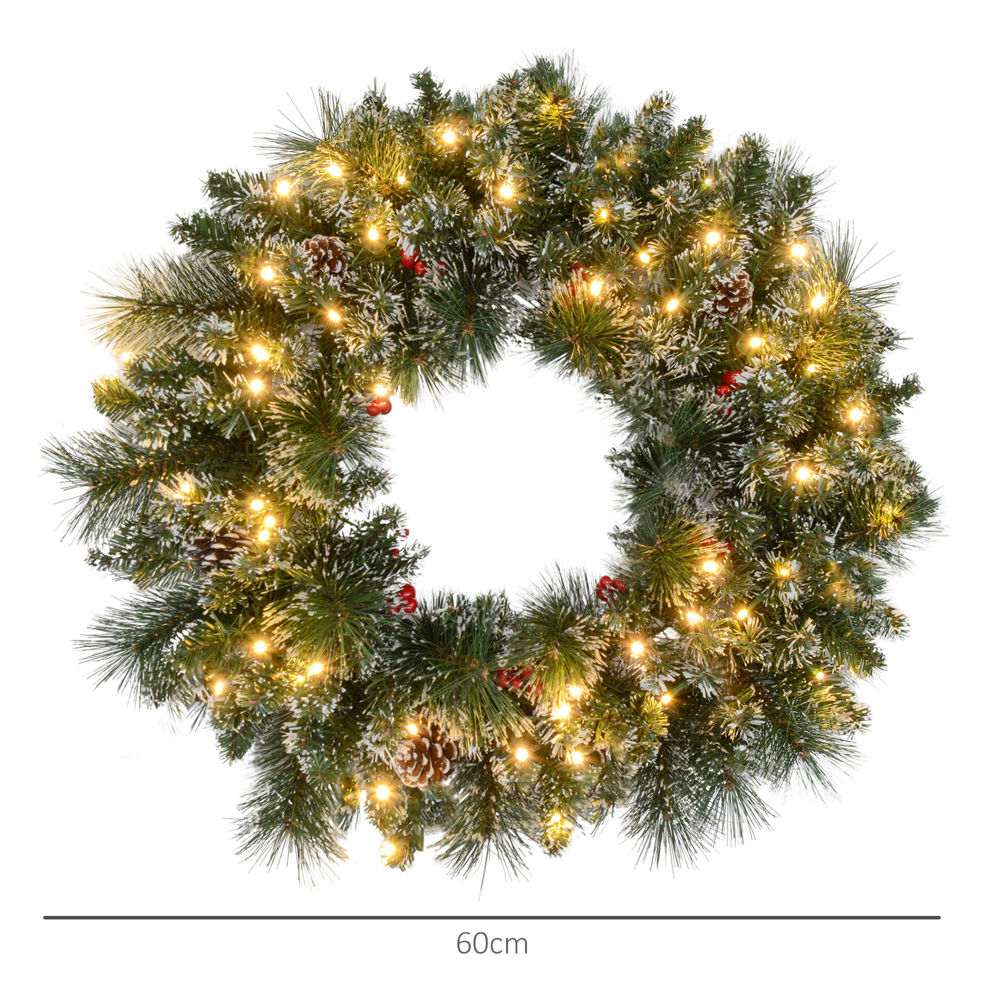 Couronne de Noël artificielle LED 60 cm - pommes de pin, baies rouges, 50 LED blanc - effet enneigé