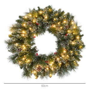 Couronne de Noël artificielle LED 60 cm - pommes de pin, baies rouges, 50 LED blanc - effet enneigé