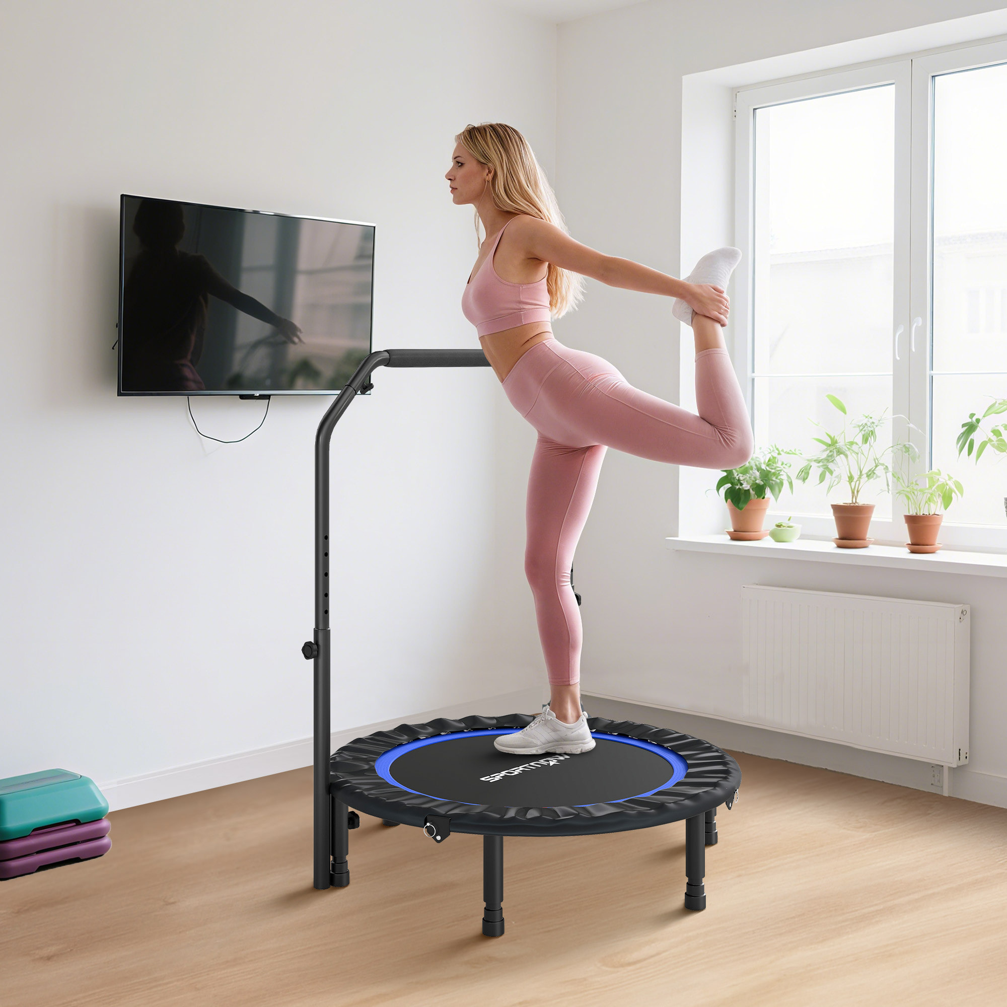 Trampolín de Fitness Adultos Ø102 cm, Cama Elástica Plegable con Mango Ajustable de 4 Niveles y Bandas, para Entrenamiento Piernas Cuerpo en Hogar Oficina Gimnasio Exterior, Carga 150 kg Azul