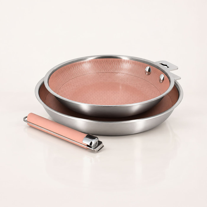 Lot de 2 poêles en acier inoxydable et manche amovible rose AGLAE