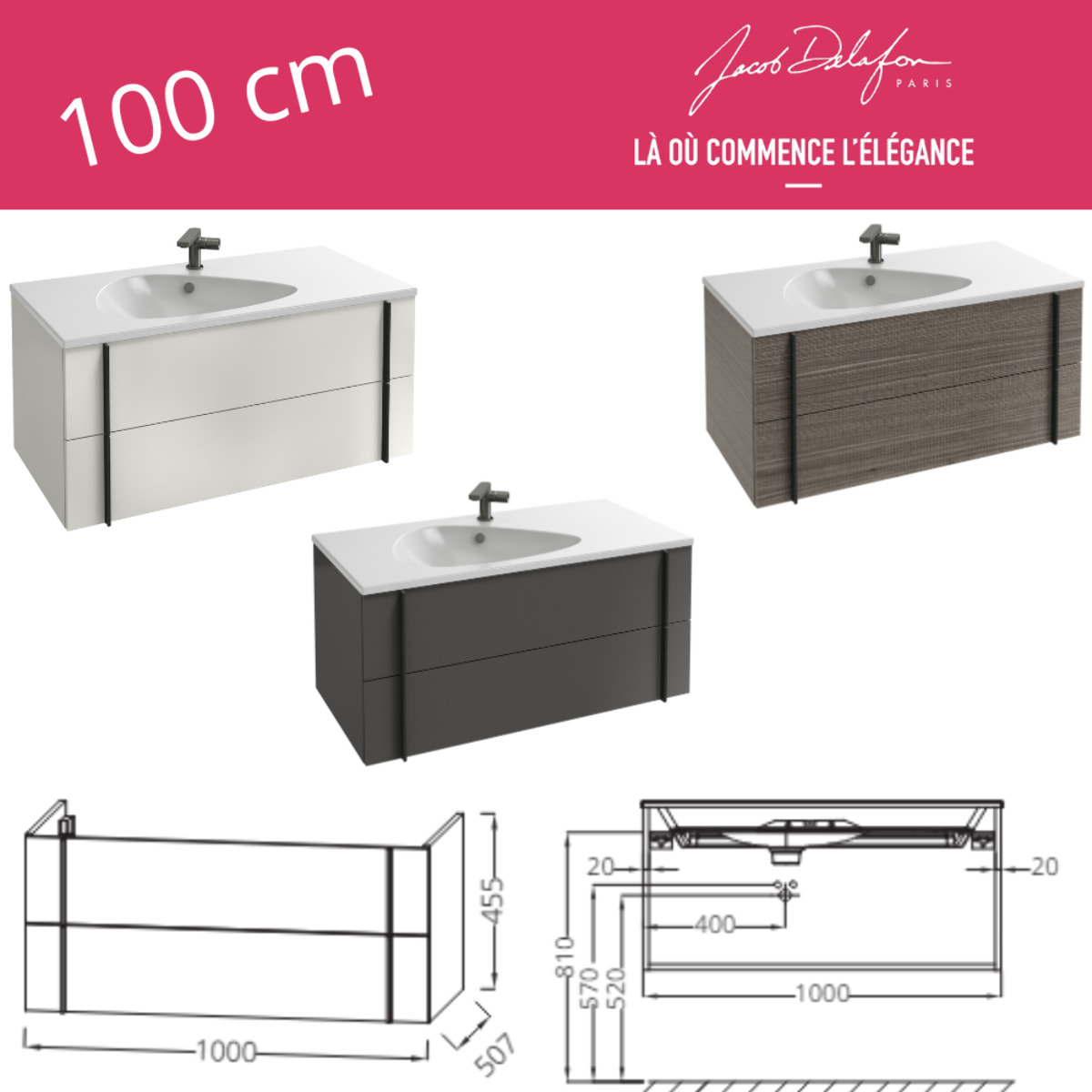 Meuble de salle de bain 100 cm Nouvelle Vague gris brillant + colonne 2 portes + miroir + pied