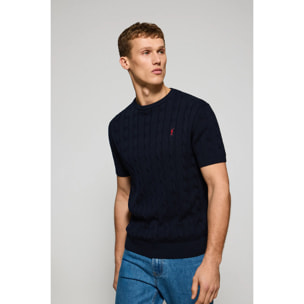 Maglione blu marino intrecciato a maniche corte con logo ricamato