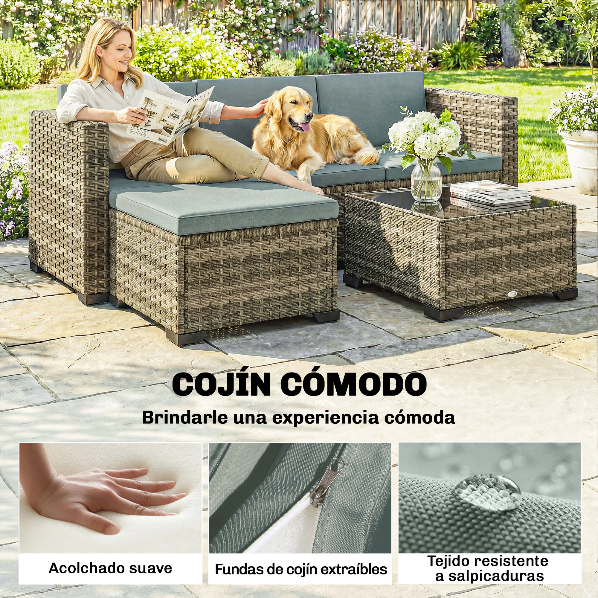Conjunto de Jardín de Ratán de 5 Piezas, Conjunto Terraza Resistente, Muebles Jardín Exterior Incluye Cojines, 2 Sillones de Esquina, Sillón sin Brazos, Reposapiés y Mesa Centro, Gris Claro