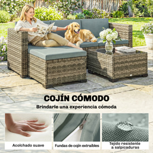 Conjunto de Jardín de Ratán de 5 Piezas, Conjunto Terraza Resistente, Muebles Jardín Exterior Incluye Cojines, 2 Sillones de Esquina, Sillón sin Brazos, Reposapiés y Mesa Centro, Gris Claro