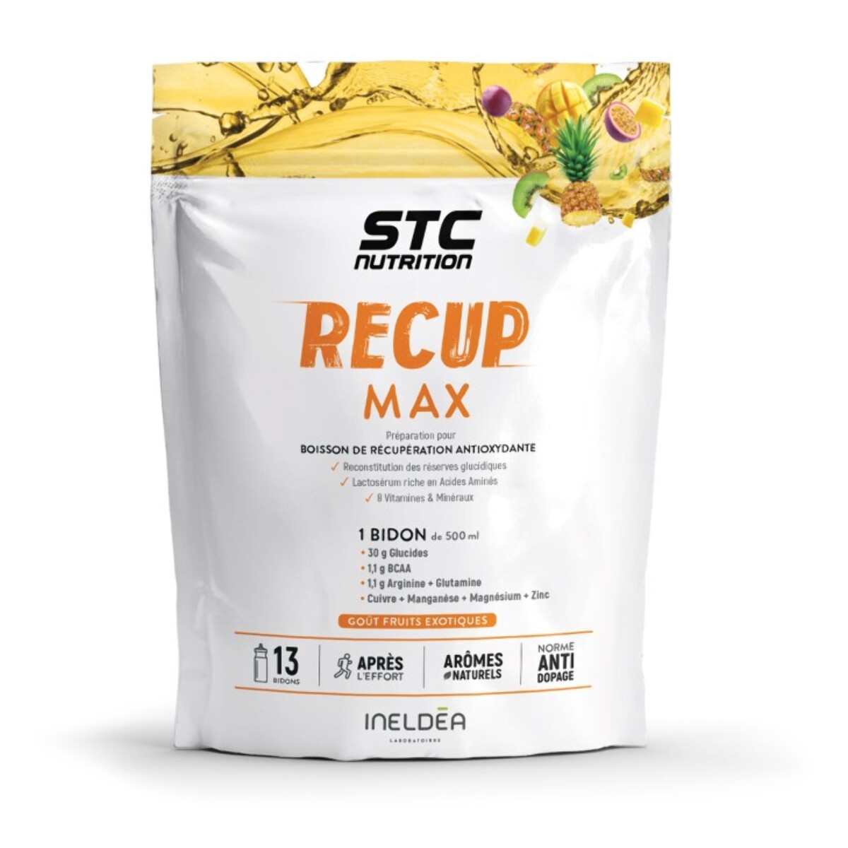STC NUTRITION - Recup Max - Préparation pour boisson de récupération antioxydante - Goût Fruits Exotiques - Anti-Dopage - 13 bidons - 525 g