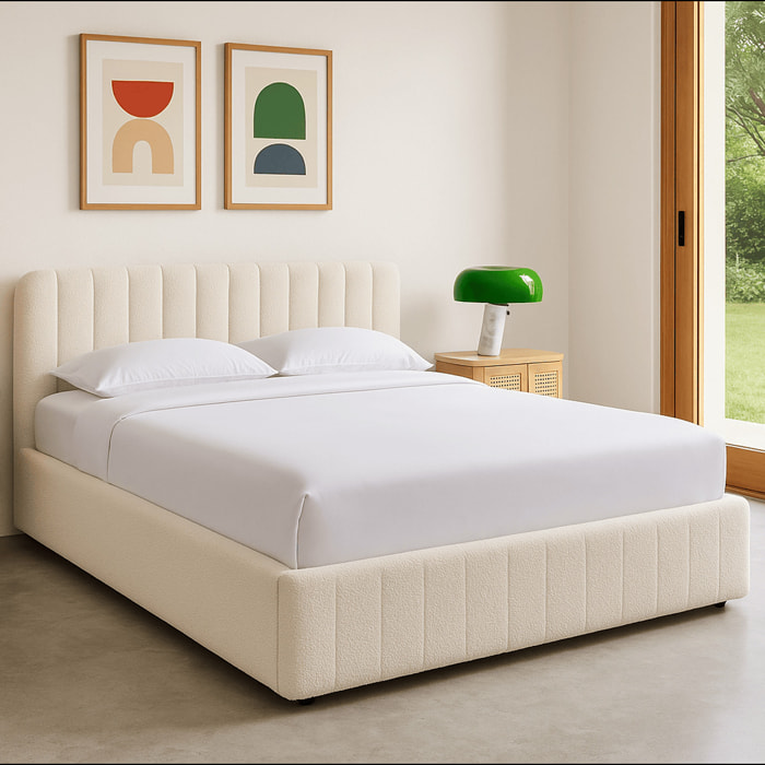 Lit coffre avec tête de lit en tissu bouclé - AVA