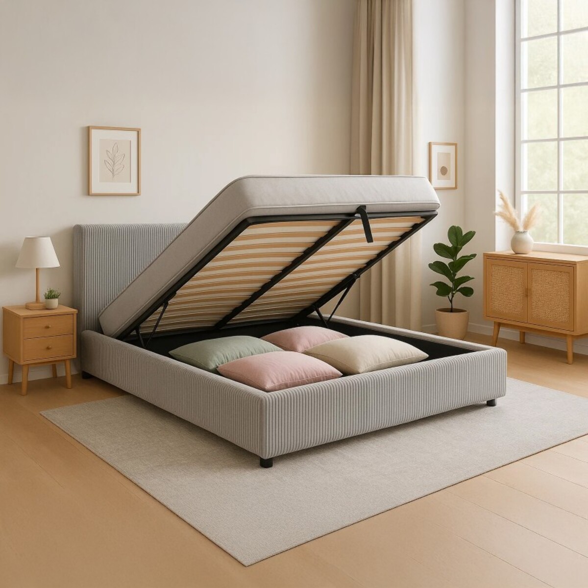 Lit coffre Colisée avec tête de lit | Robuste et confortable | Montage simple rapide | Velours Côtelé | Gris clair