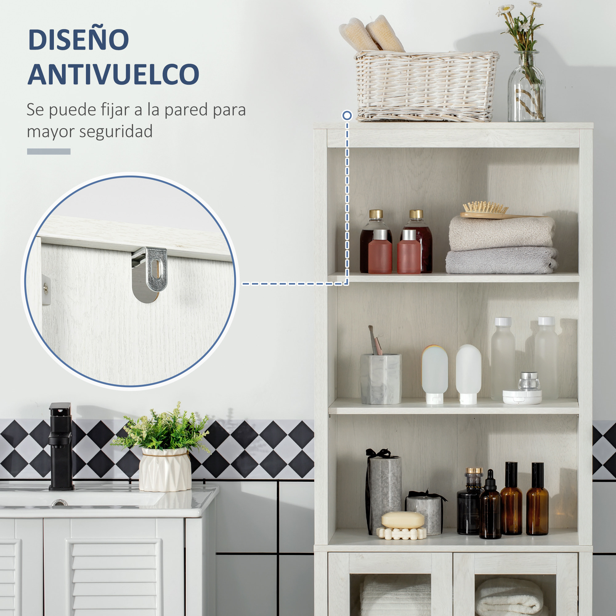 kleankin Armario Alto de Baño con 2 Puertas de Vidrio y 3 Estantes Abiertos Columna Auxiliar de Baño para Salón Aseo Dormitorio Estilo Moderno 53x30x162 cm Blanco