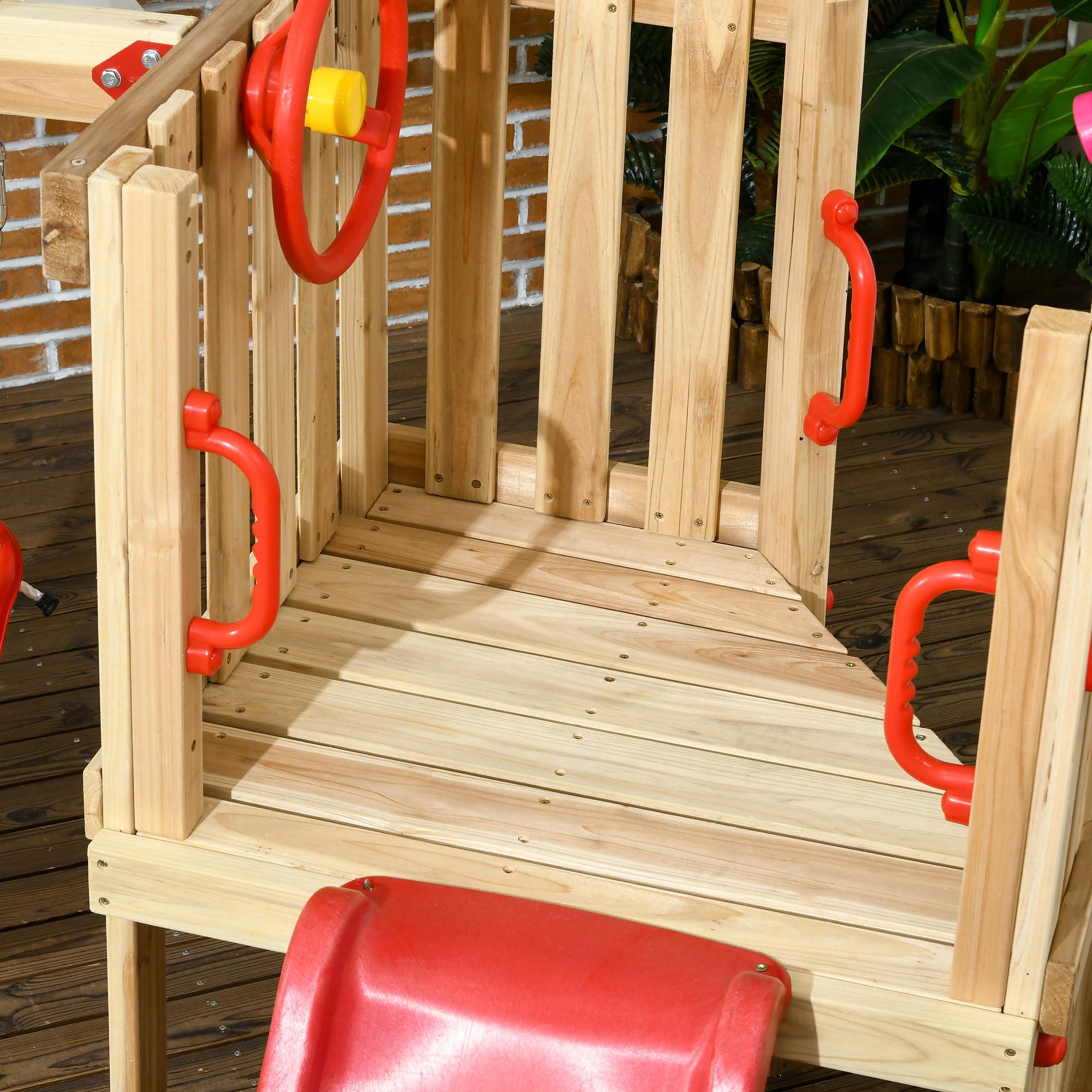 Juego de Tobogán y Columpio para Niños de 18-48 Meses 4 en 1 Parque Infantil de Madera con Columpio Tobogán Volante Bocina Teléfono para Patio Césped 170x200x118 cm Rojo y Natural