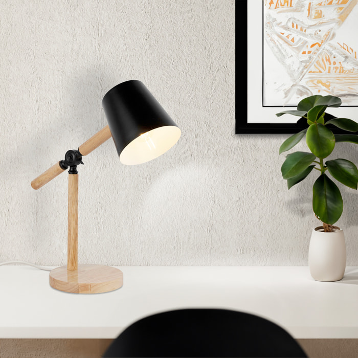 Forlight Flexo de Escritorio con Brazo y Cabezal Orientables, Diseño Moderno en Acero Negro y Madera, Casquillo E27, 40 cm de Alto, Ideal para Espacios de Trabajo y Estilo Nórdico