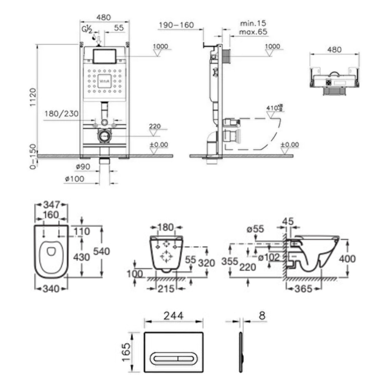 Pack WC Bâti autoportant V-Fix Core + WC sans bride Roca Gap + Abattant slim, SoftClose + Plaque noire mat (VFTFGAP6)